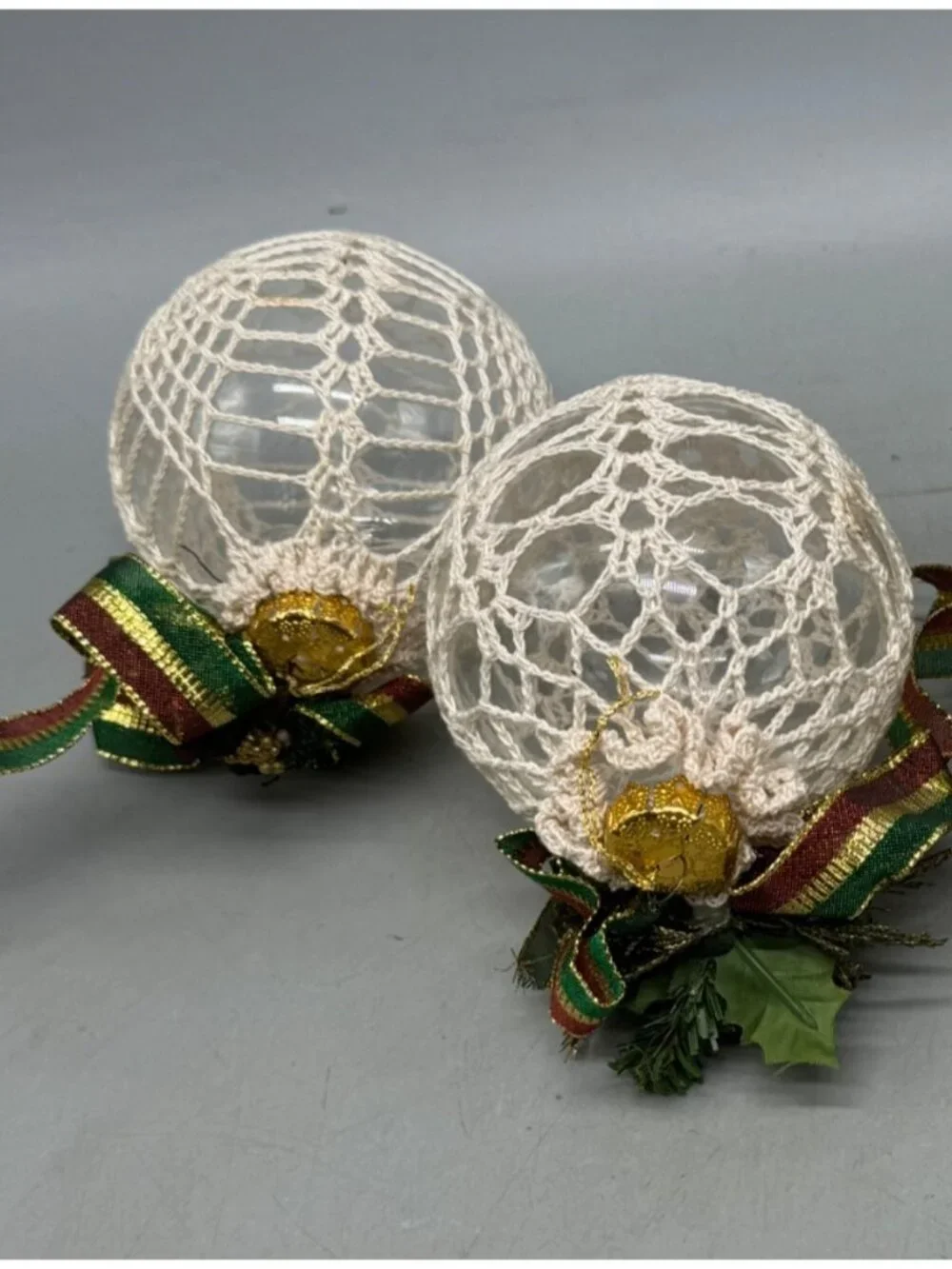 handmade Christmas bulbs ornaments set of 2 ribbon doily lace pine cones READ